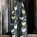 Farm Chicken And Floral Pattern Linen Blend Jumpsuit