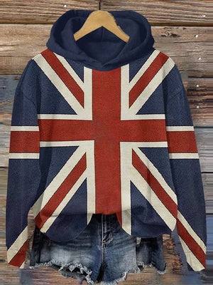 Vintage Flag Print Casual Long Sleeve Hoodie