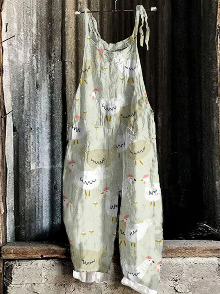 Vintage Cute Chicken Linen Blend Loose Casual Jumpsuit