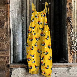 Cute Farm Chickens Graphics Linen Blend Casual Jumpsuit