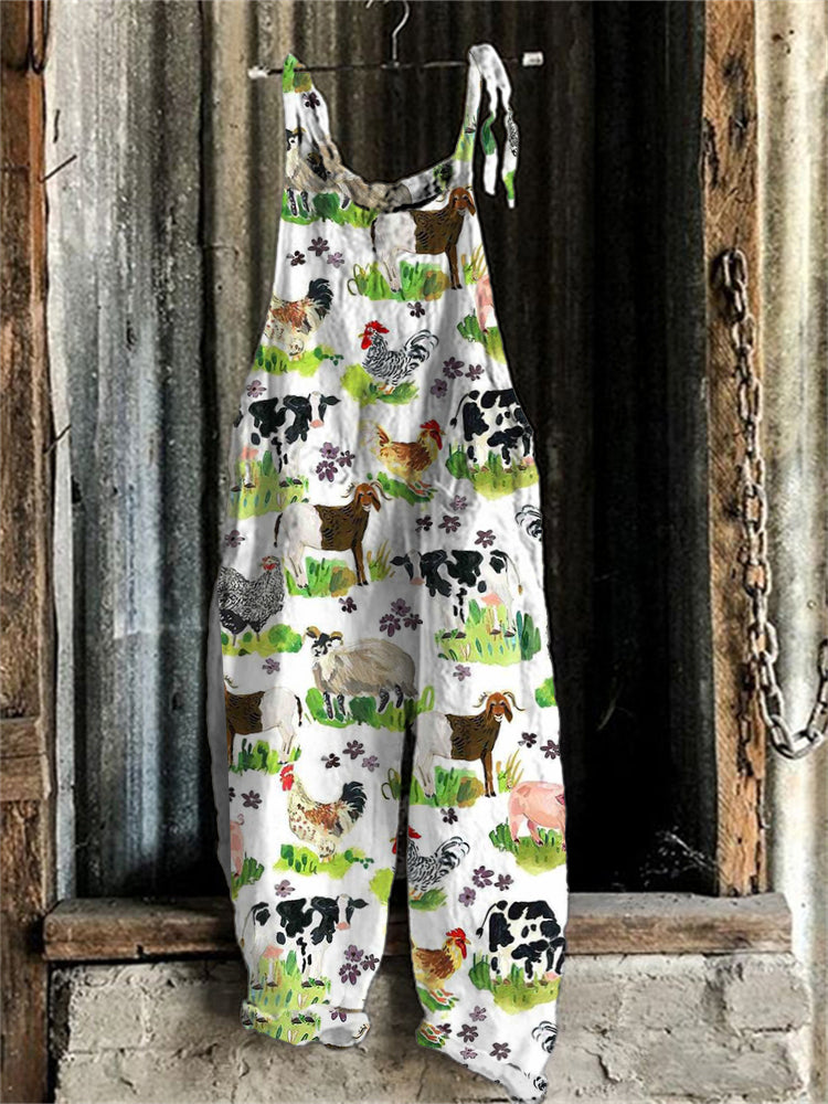 Vintage cow print Linen Blend Loose Fit Cozy Jumpsuit