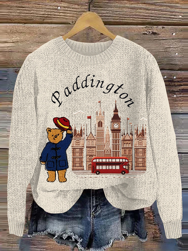 Bear In London Embroidered Art Cozy Knit Sweater