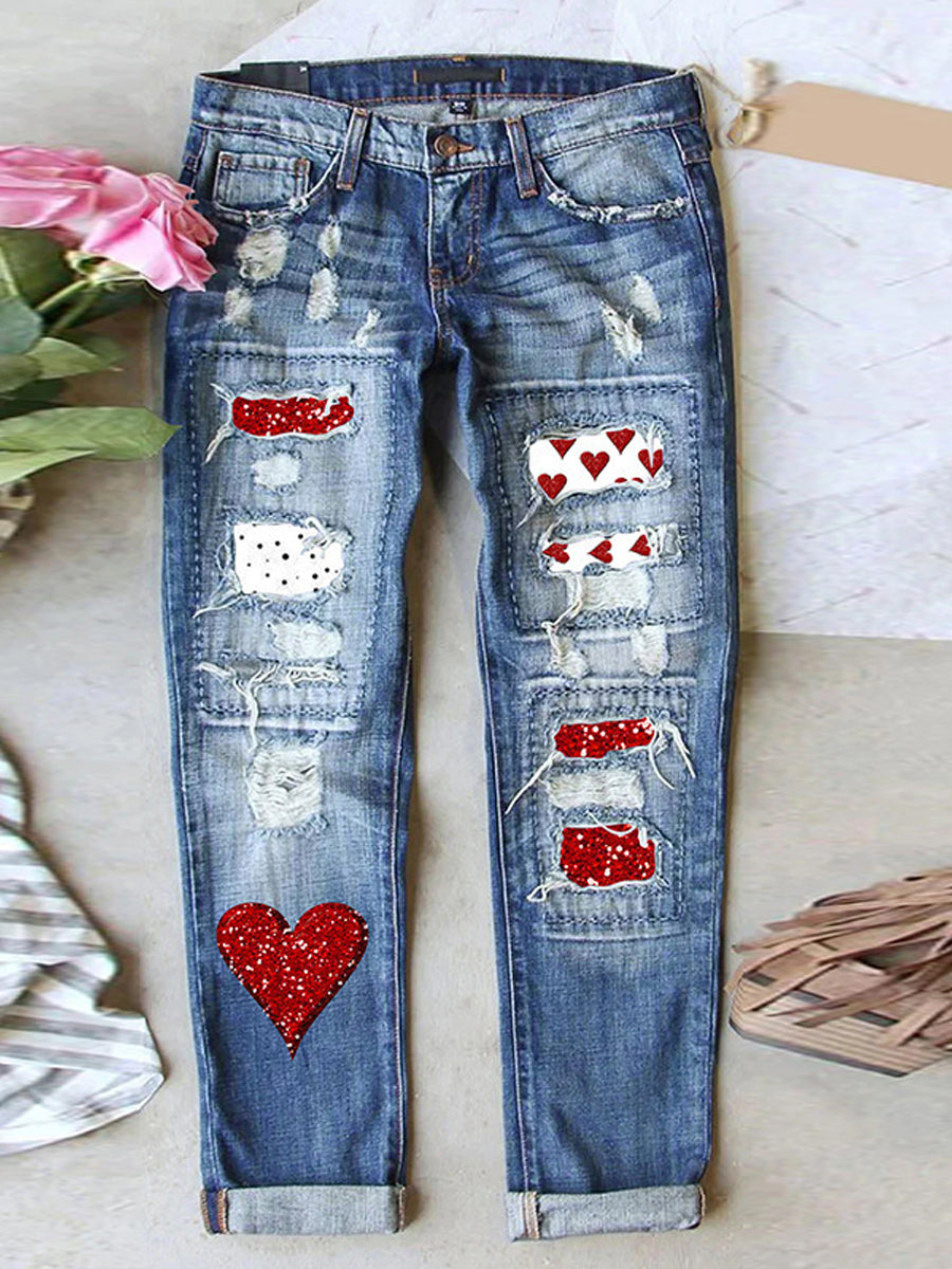 Women's Valentine's Day Heart Print Casual Jeans