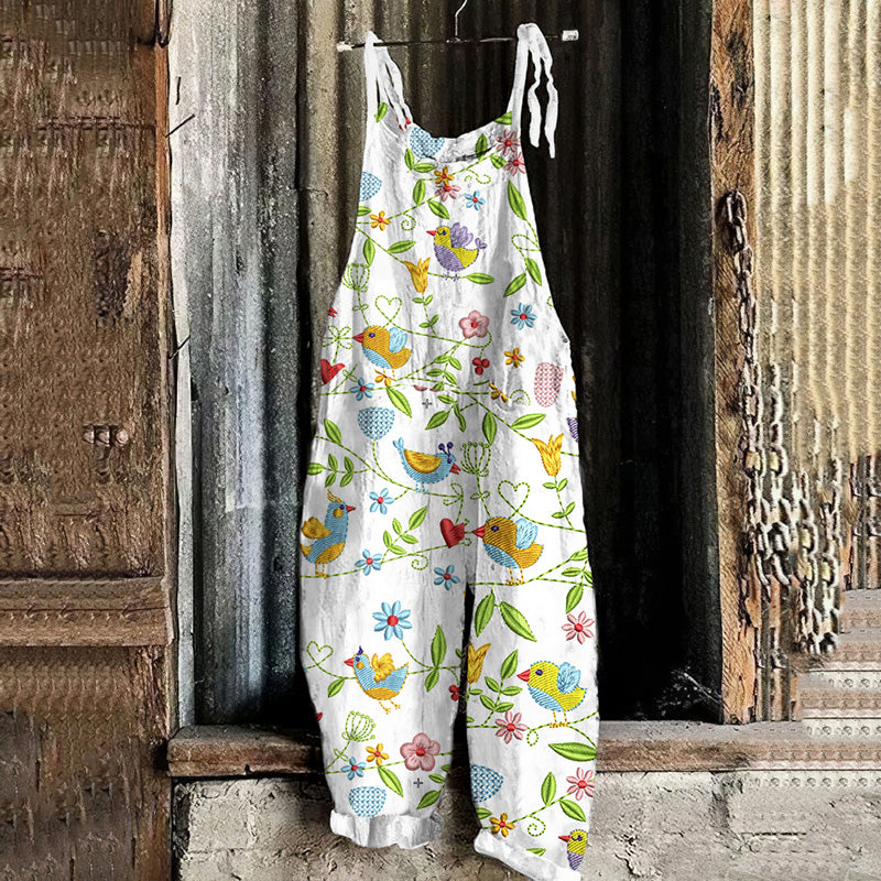 Floral Birds Embroidery Print Loose Casual Jumpsuit