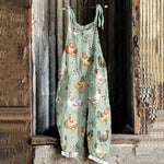 Farm Chicken And Floral Pattern Linen Blend Jumpsuit