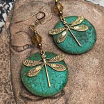 Retro bronze and green dragonfly ethnic style simple earrings