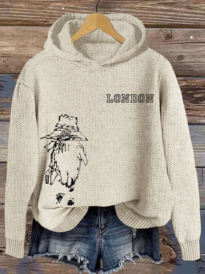 London Bear On The Road Embroidery Knitted Hooded Sweater