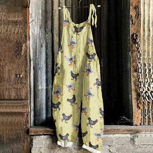 Retro Fowl Farmhouse Style Art Linen Blend Casual Jumpsuit