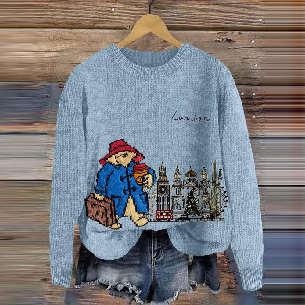 Bear In London Street Embroidered Cozy Knit Sweater