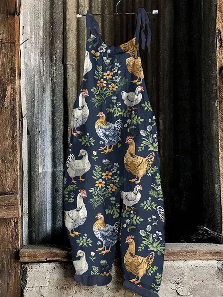 Retro Farm Chicken Floral Printed Casual Jumpsuit