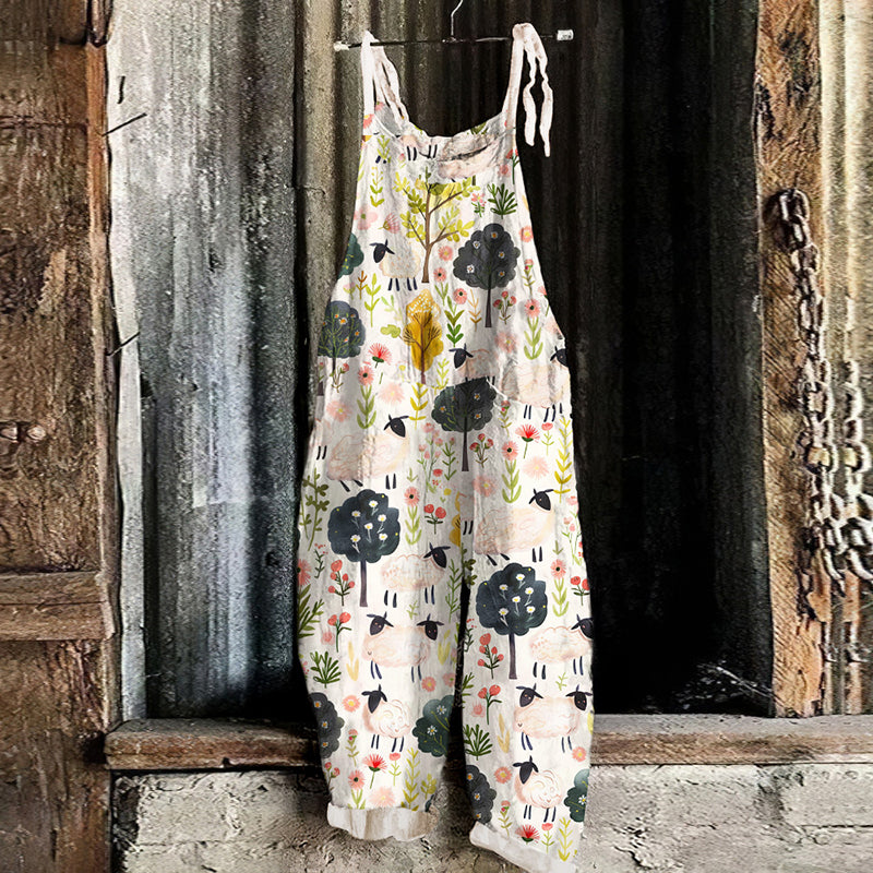 Vintage Farm Sheep And Tree Printed Jumpsuit