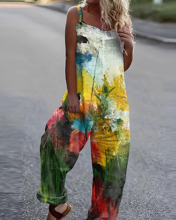 Ladies Loose Casual Art Floral Jumpsuit