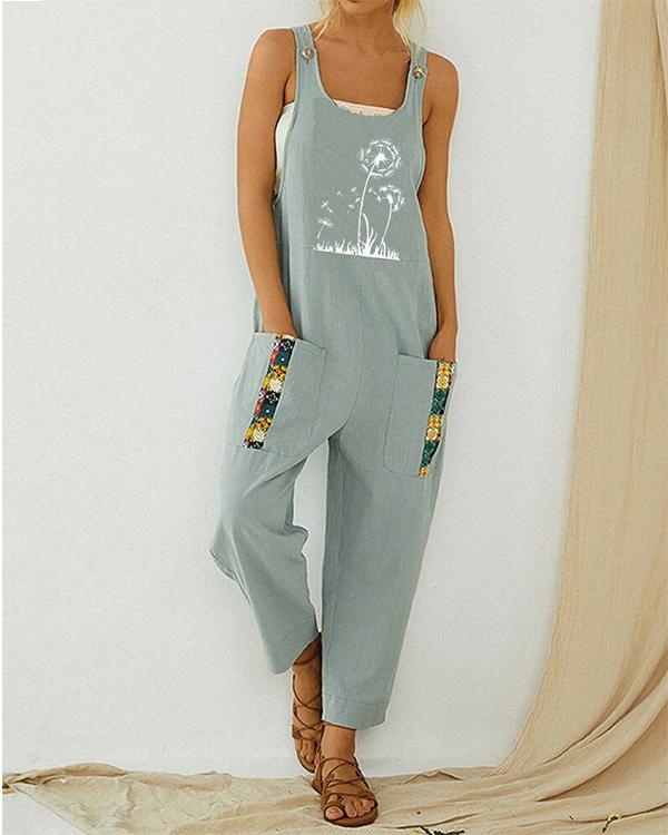 Dandelion Printed Strap Patchwork Vintage Jumpsuit With Pocket