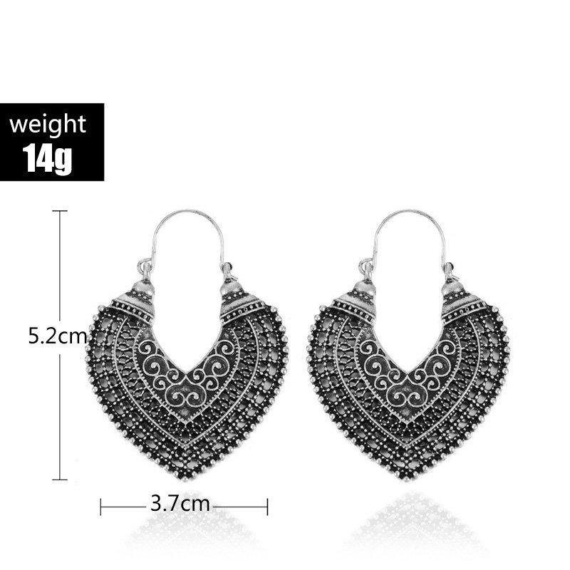 Vintage national style heart-shaped carved hollow-out Alloy earrings