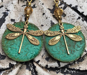 Retro bronze and green dragonfly ethnic style simple earrings