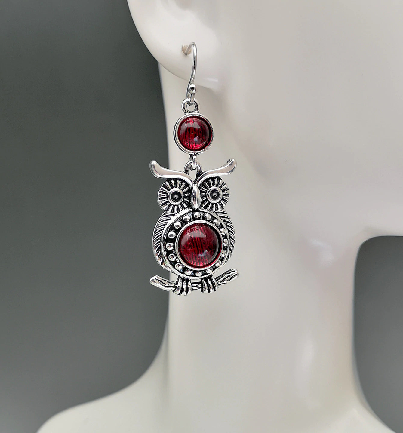 Lace ruby and owl earrings