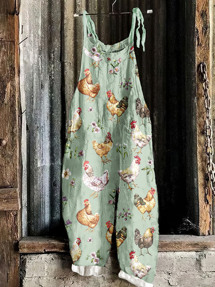 Farm Chicken And Floral Pattern Linen Blend Jumpsuit