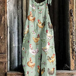 Farm Chicken And Floral Pattern Linen Blend Jumpsuit