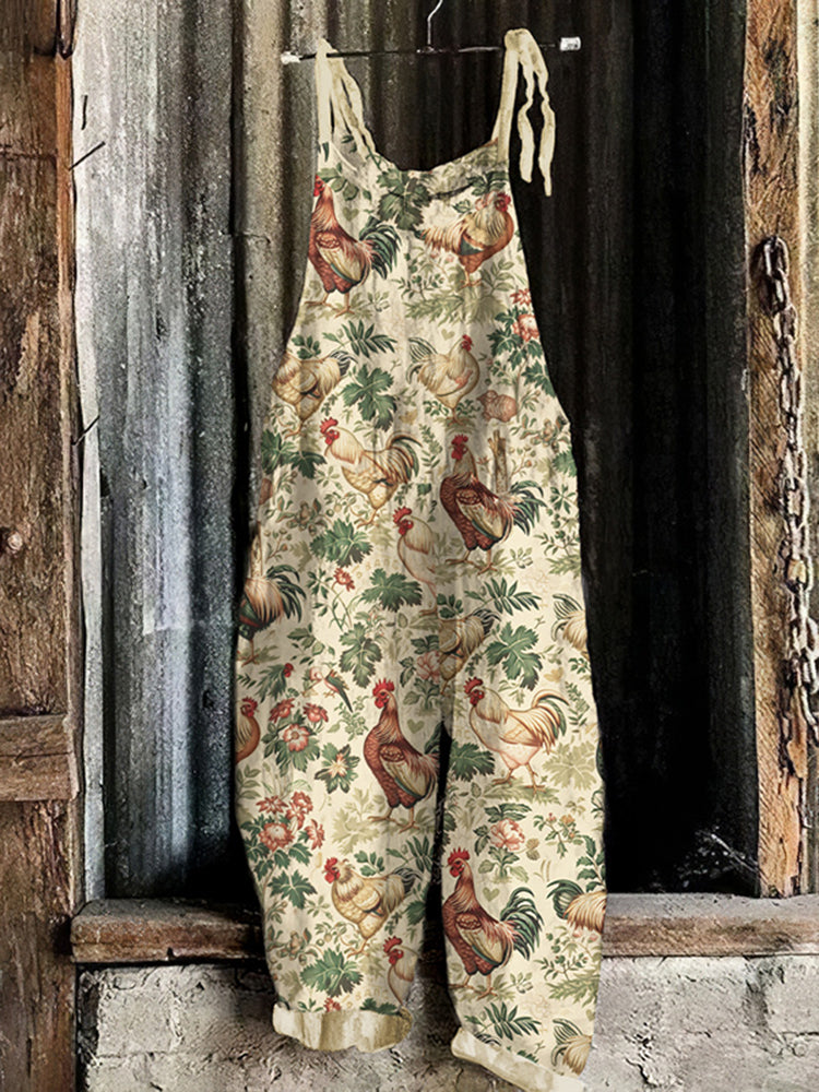 Women's Vintage Farm Chicken Plant Print Loose Jumpsuit