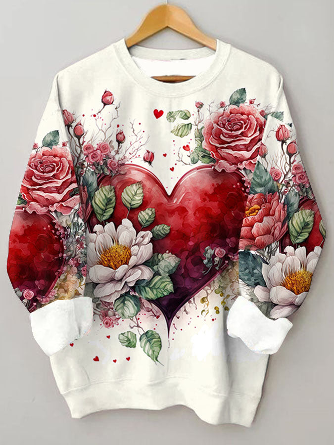 Vintage Valentine Heart Floral Print Crew Neck Sweatshirt