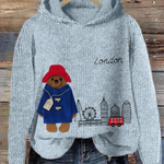 London Bear Felt Embroidered Cozy Knit Hooded Sweater