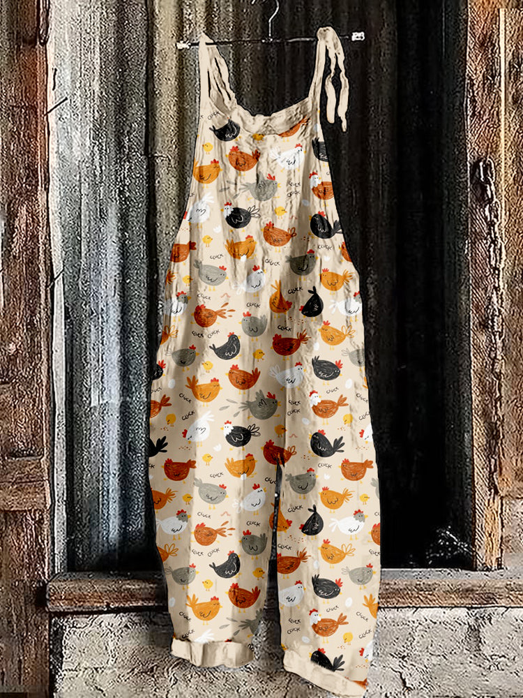 Funny Crazy Hens Pattern Linen Blend Comfy Jumpsuit