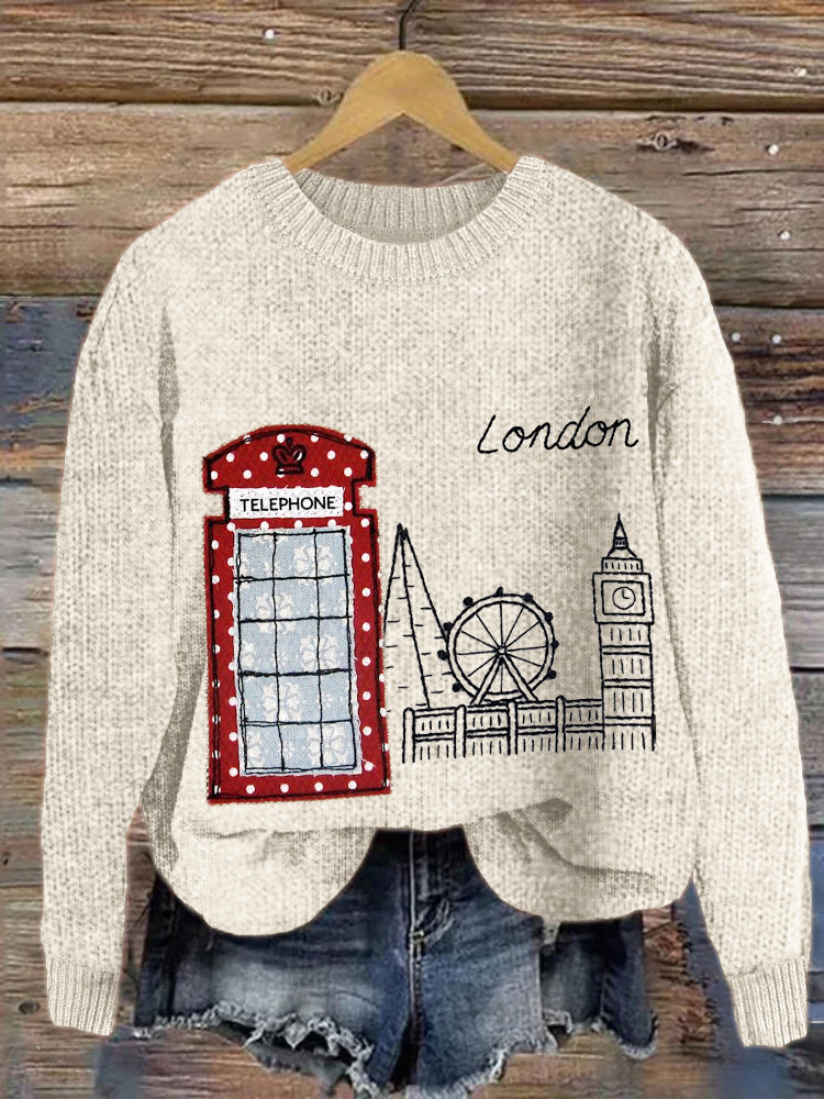 Telephone Booth Patchwork London Embroidered Cozy Sweater