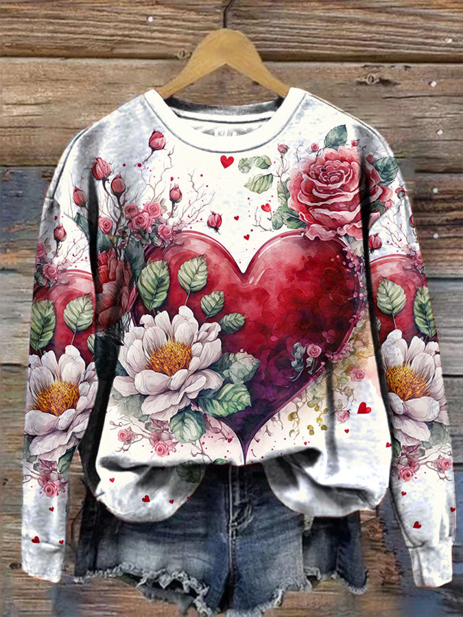 Vintage Valentine Heart Floral Print Crew Neck Sweatshirt