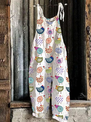 Colorful Chicken Embroidery Linen Blend Loose Jumpsuit