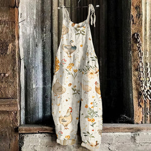 Women's Farm Chicken And Flower Printed Loose Jumpsuit