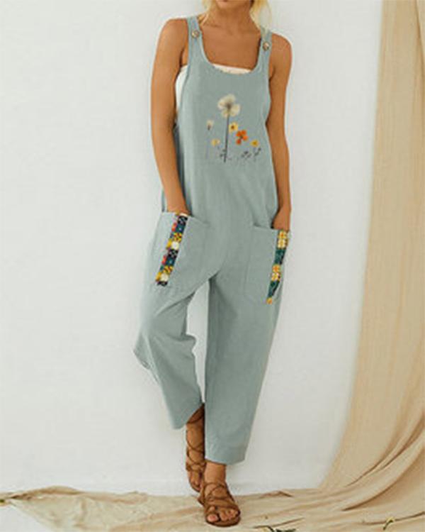 Floral Printed Straps Patchwork Vintage Jumpsuit With Pocket