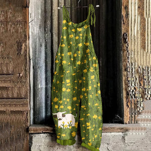 Lovely Cows In Rapeseed Fields Pattern Linen Blend Loose Fit Jumpsuit