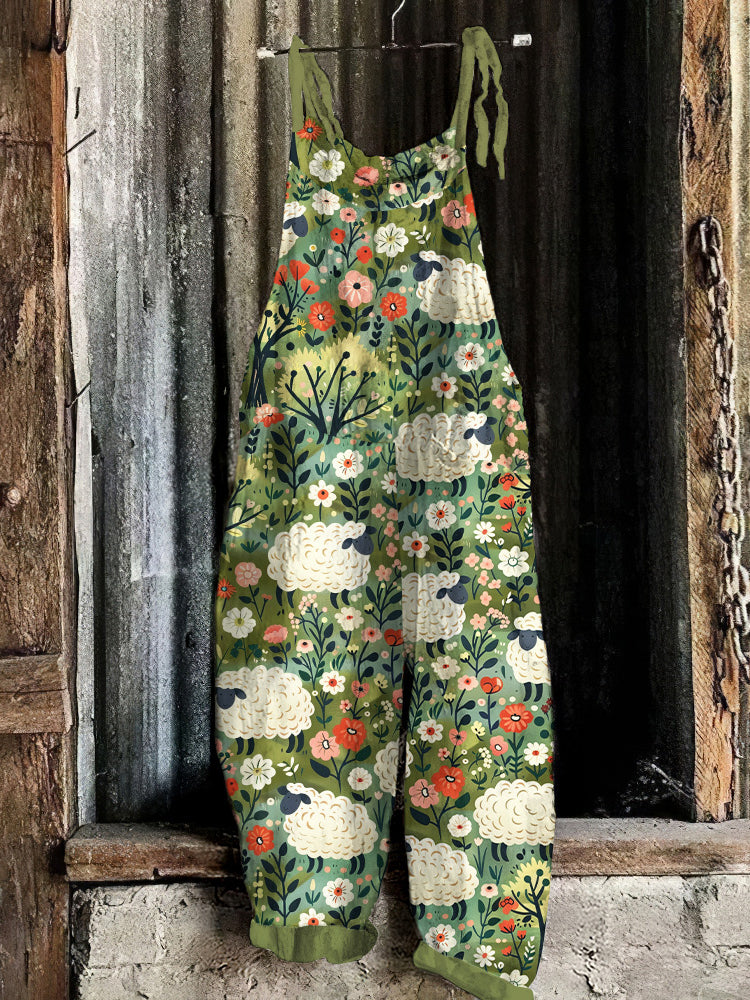 Farm Sheep Flower Print Loose Jumpsuit