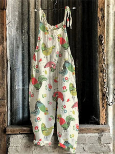 Farm Chicken Print Linen Blend Casual Jumpsuit