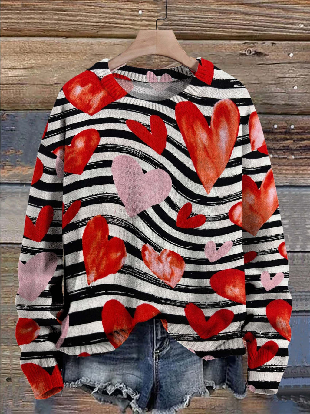 Valentine's Day Hearts Love Art Pattern Print Casual Knit Pullover Sweater