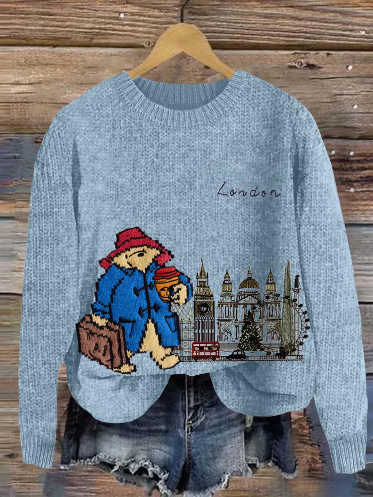 Bear In London Street Embroidered Cozy Knit Sweater