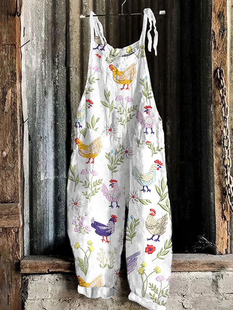 Floral Chicken Embroidery Print Loose Casual Jumpsuit