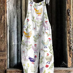 Floral Chicken Embroidery Print Loose Casual Jumpsuit