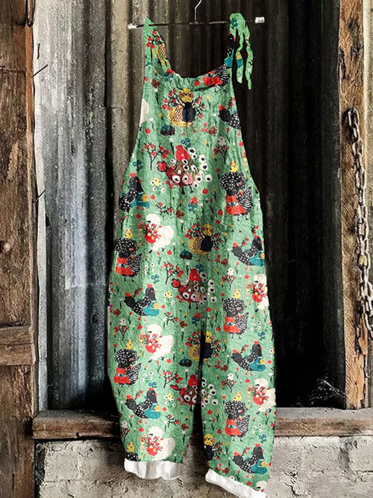 Cute Floral Chicken Pattern Linen Blend Comfy Jumpsuit