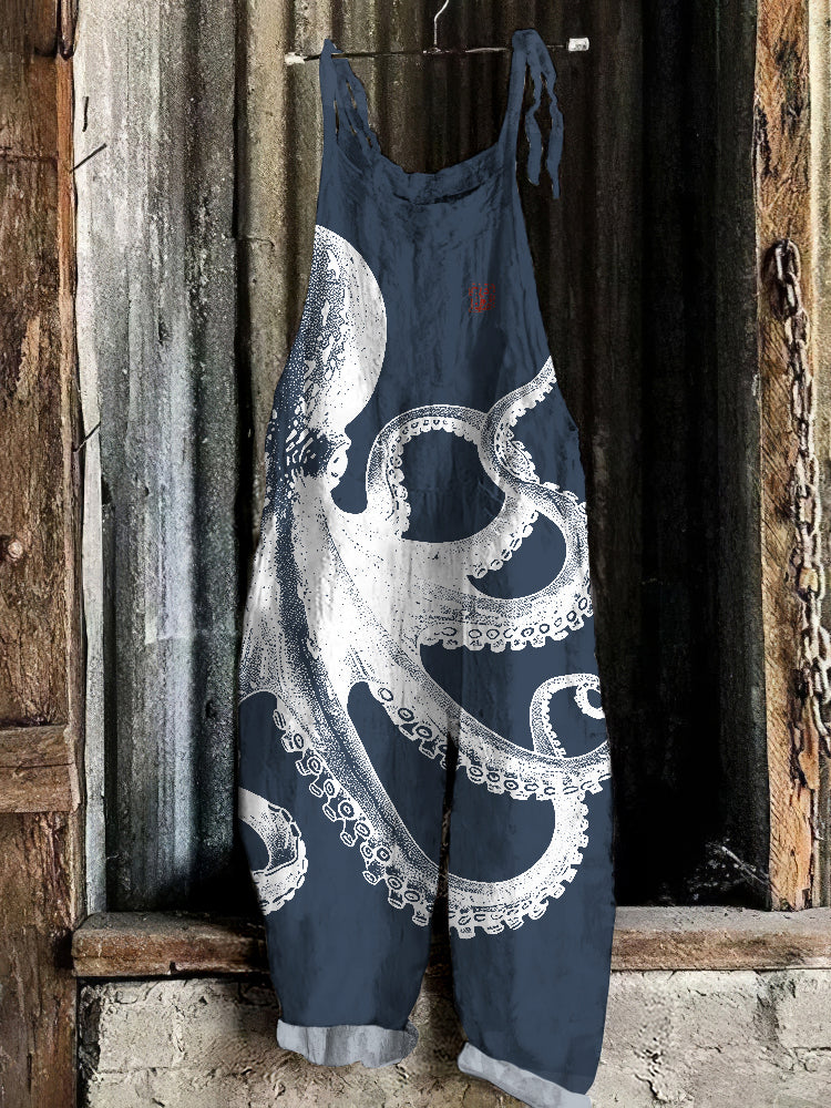 Vintage Japanese Art Octopus Print Casual Loose Jumpsuit