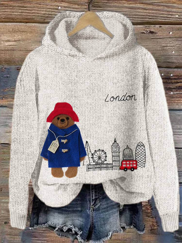 London Bear Felt Embroidered Cozy Knit Hooded Sweater