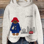 London Bear Felt Embroidered Cozy Knit Hooded Sweater