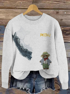 Peruvian Machu Picchu Bear Embroidery Knitted Warm Sweater