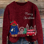 Christmas Bear London Scenery Embroidered Cozy Knit Sweater