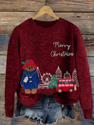 Christmas Bear London Scenery Embroidered Cozy Knit Sweater