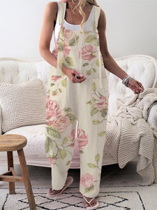 Women's Stylish Botanical Floral Design Casual Pocket Jumpsuit