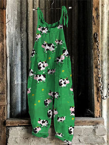 Vintage cow print Linen Blend Loose Fit Cozy Jumpsuit