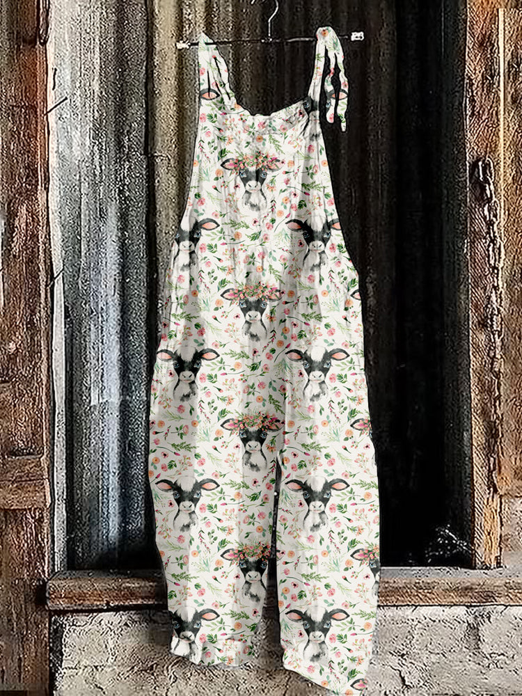 Cute Floral Baby Cow Loose Fit Cozy Jumpsuit