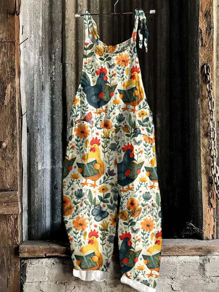 Vintage Chicken Floral Linen Blend Loose Casual Jumpsuit