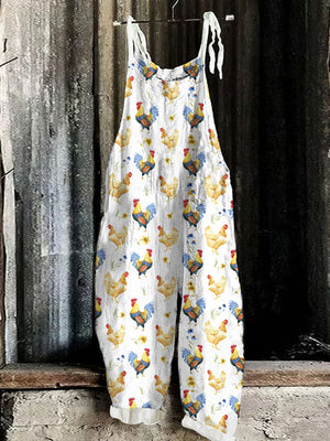 Cute Bloom Farm Chickens Graphics Linen Blend Casual Jumpsuit